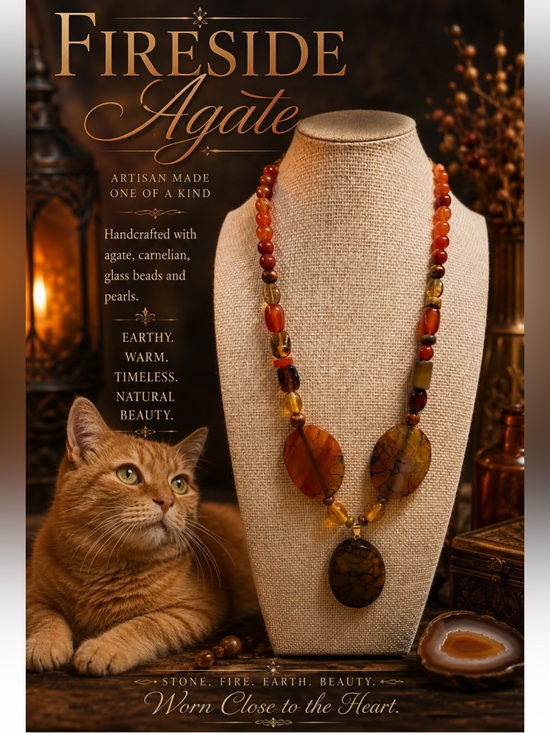 Artisan Jewelry - "Fireside Agate" Stone and Glass Necklace